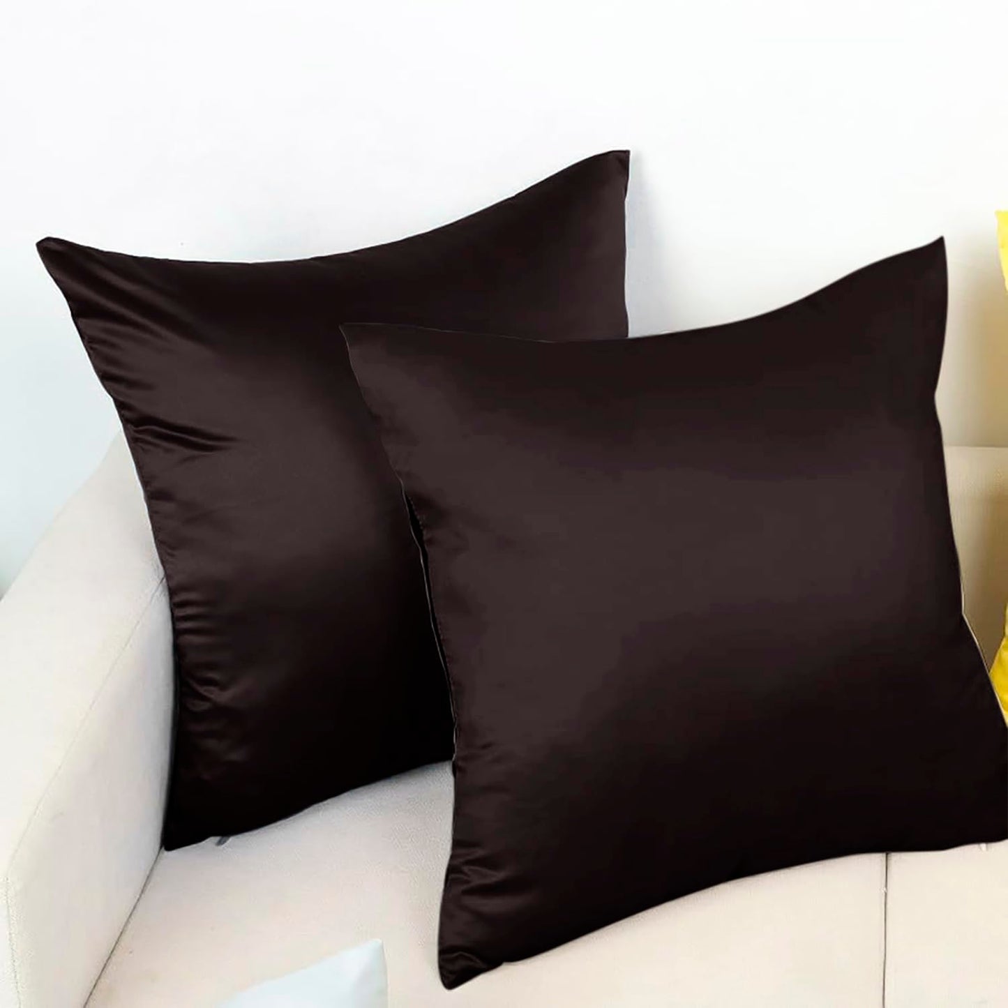 Premium Satin Silk Cushion Cover, Shiny & Soft Decorative Pillowcase for Bedroom & Living Room - Chocolate Brown Set Of 2