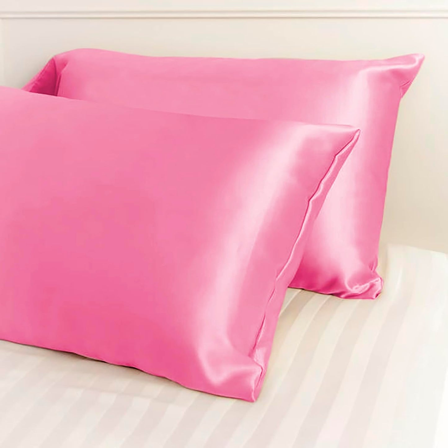 Premium Satin Silk Cushion Cover, Shiny & Soft Decorative Pillowcase for Bedroom & Living Room - Rose Pink Set of 2