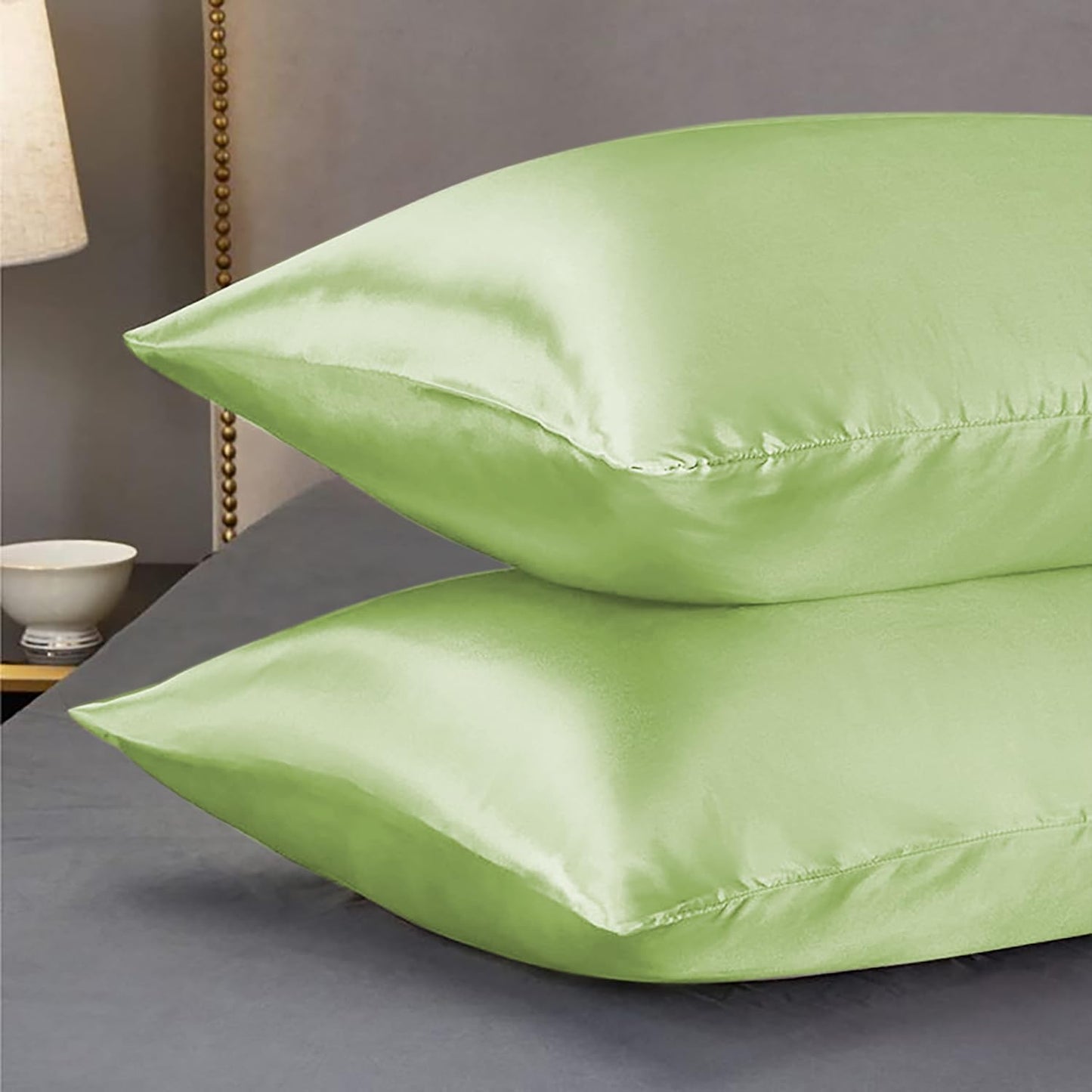 Premium Satin Silk Cushion Cover, Shiny & Soft Decorative Pillowcase for Bedroom & Living Room - Pistachio Set of 2