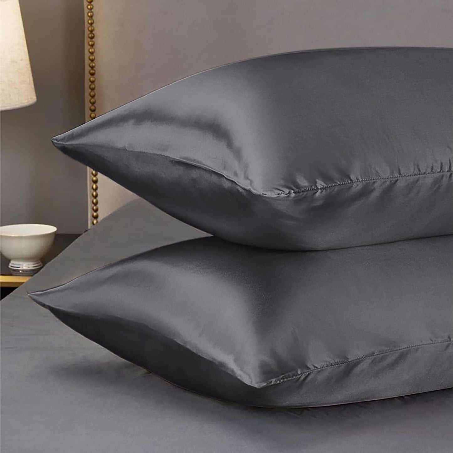 Premium Satin Silk Cushion Cover, Shiny & Soft Decorative Pillowcase for Bedroom & Living Room - Charcoal Grey Set of 2