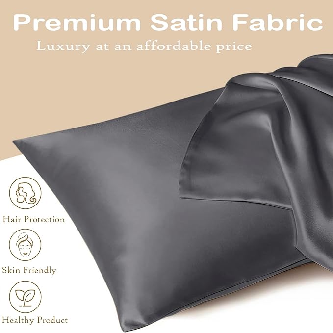 Premium Satin Silk Cushion Cover, Shiny & Soft Decorative Pillowcase for Bedroom & Living Room - Charcoal Grey Set of 2