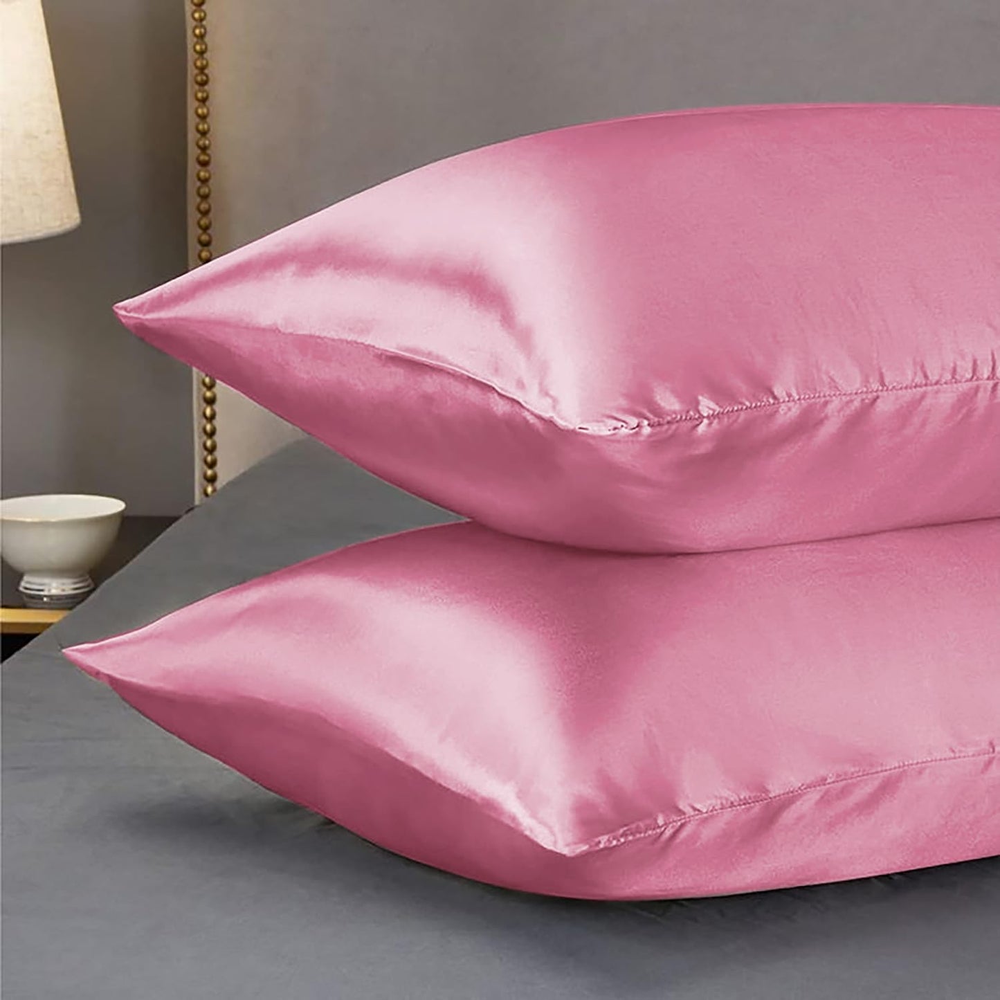 Premium Satin Silk Cushion Cover, Shiny & Soft Decorative Pillowcase for Bedroom & Living Room - Rose Pink Set of 2