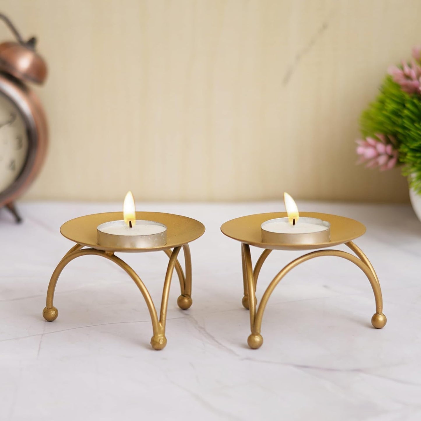 Golden Metal Stand for Idol, Diya or Decor – Decorative Brass Finish Chowki for Puja Mandir, Festival, Home & Office Temple Use, Round, Set of 2