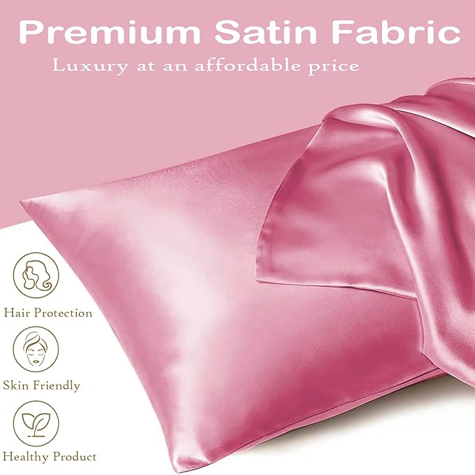 Premium Satin Silk Cushion Cover, Shiny & Soft Decorative Pillowcase for Bedroom & Living Room - Rose Pink Set of 2
