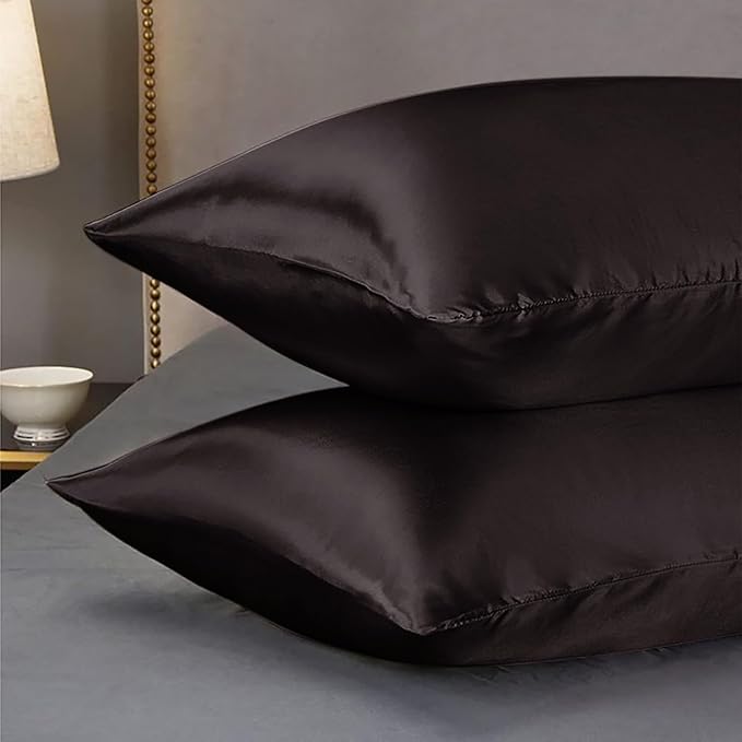 Premium Satin Silk Cushion Cover, Shiny & Soft Decorative Pillowcase for Bedroom & Living Room - Chocolate Brown Set Of 2