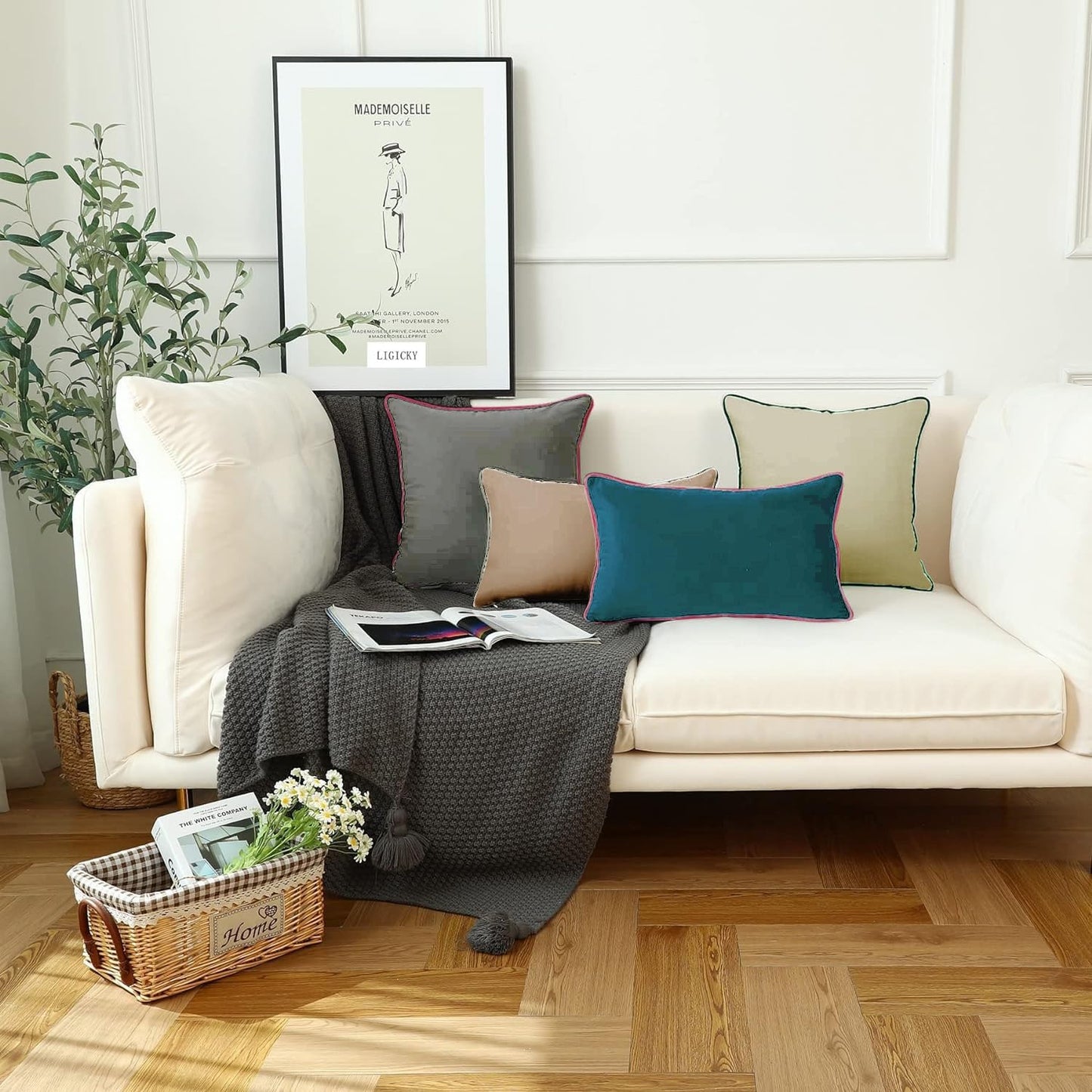 StylizShades Cotton Velvet Cushion Covers, Decorative Throw Pillow Cover for Living Room Couch/Sofa - Grey-Crimson Glory