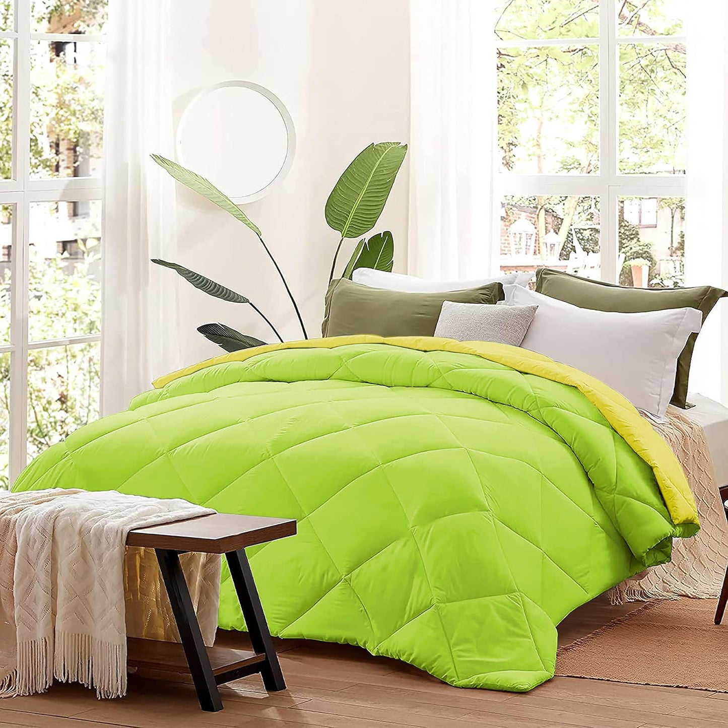 Microfiber Reversible All Seasons Quilt Blanket, AC Comforter for Double Bed, Lime Green & Yellow