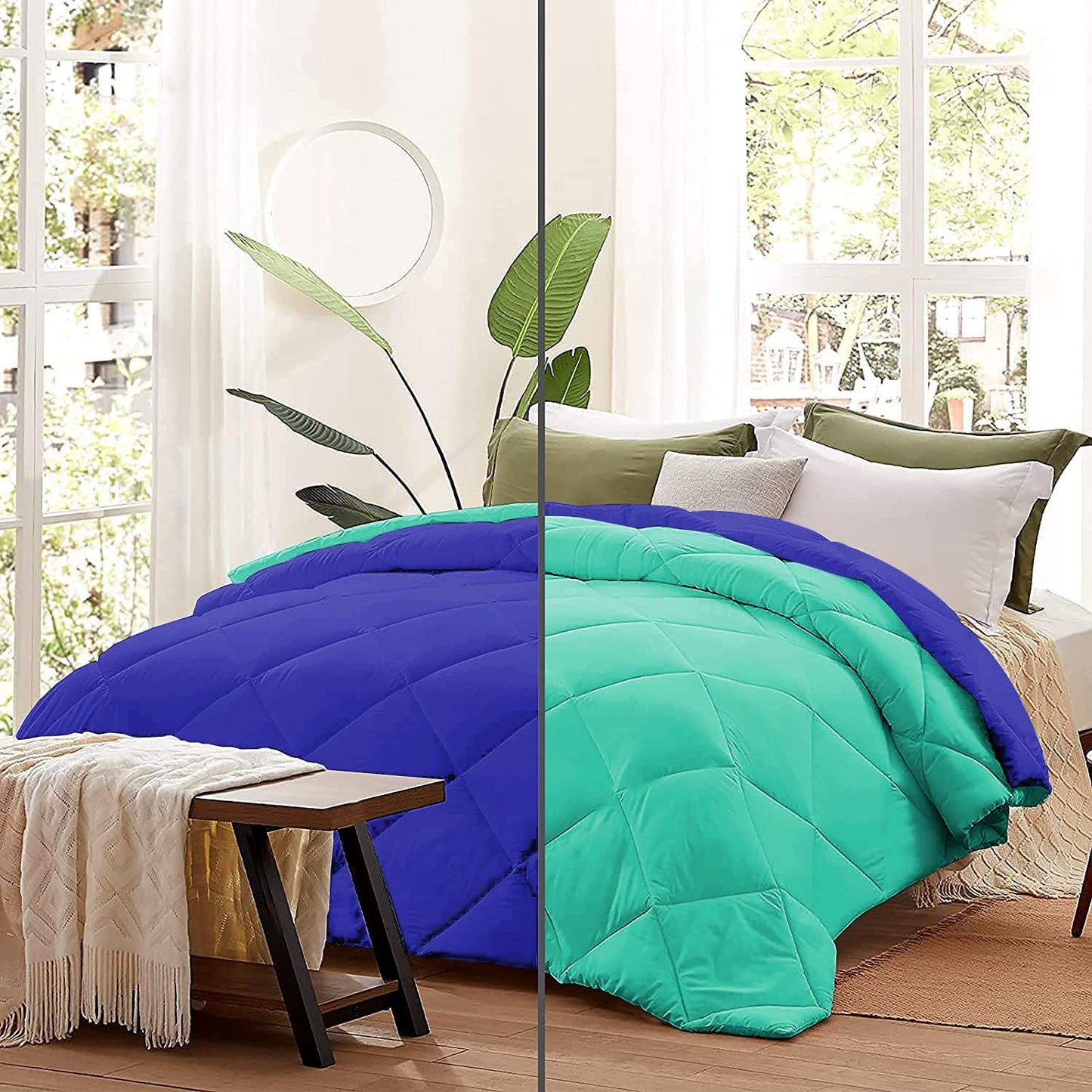Microfiber Reversible All Seasons Quilt Blanket, AC Comforter for Double Bed, Sea Green & Sapphire Blue