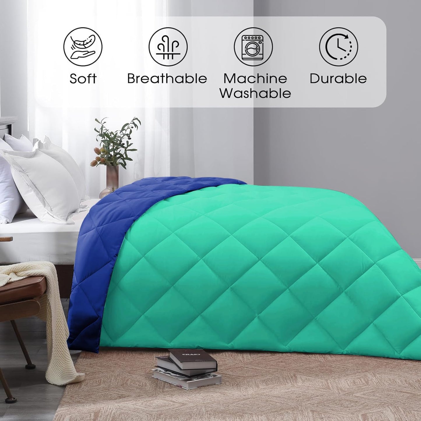 Microfiber Reversible All Seasons Quilt Blanket, AC Comforter for Double Bed, Sea Green & Sapphire Blue