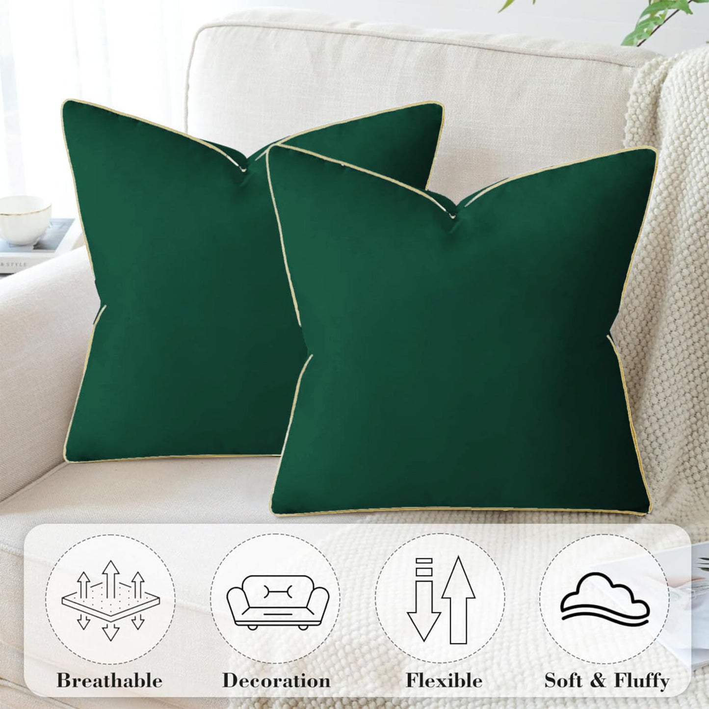 StylizShades Cotton Velvet Cushion Covers, Decorative Throw Pillow Cover for Living Room Couch/Sofa - Green-Yellow Set of 2