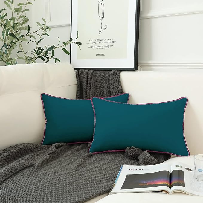 StylizShades Cotton Velvet Cushion Covers, Decorative Throw Pillow Cover for Living Room Couch/Sofa - Teal-Pink Set of 2