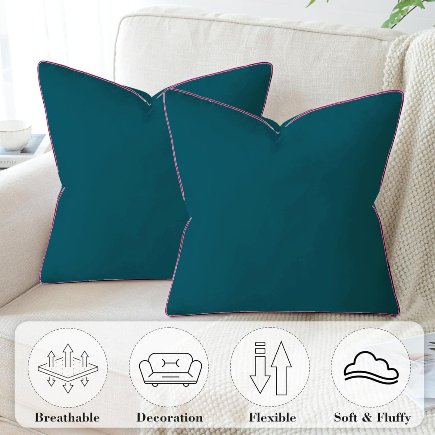 StylizShades Cotton Velvet Cushion Covers, Decorative Throw Pillow Cover for Living Room Couch/Sofa - Teal-Pink Set of 2