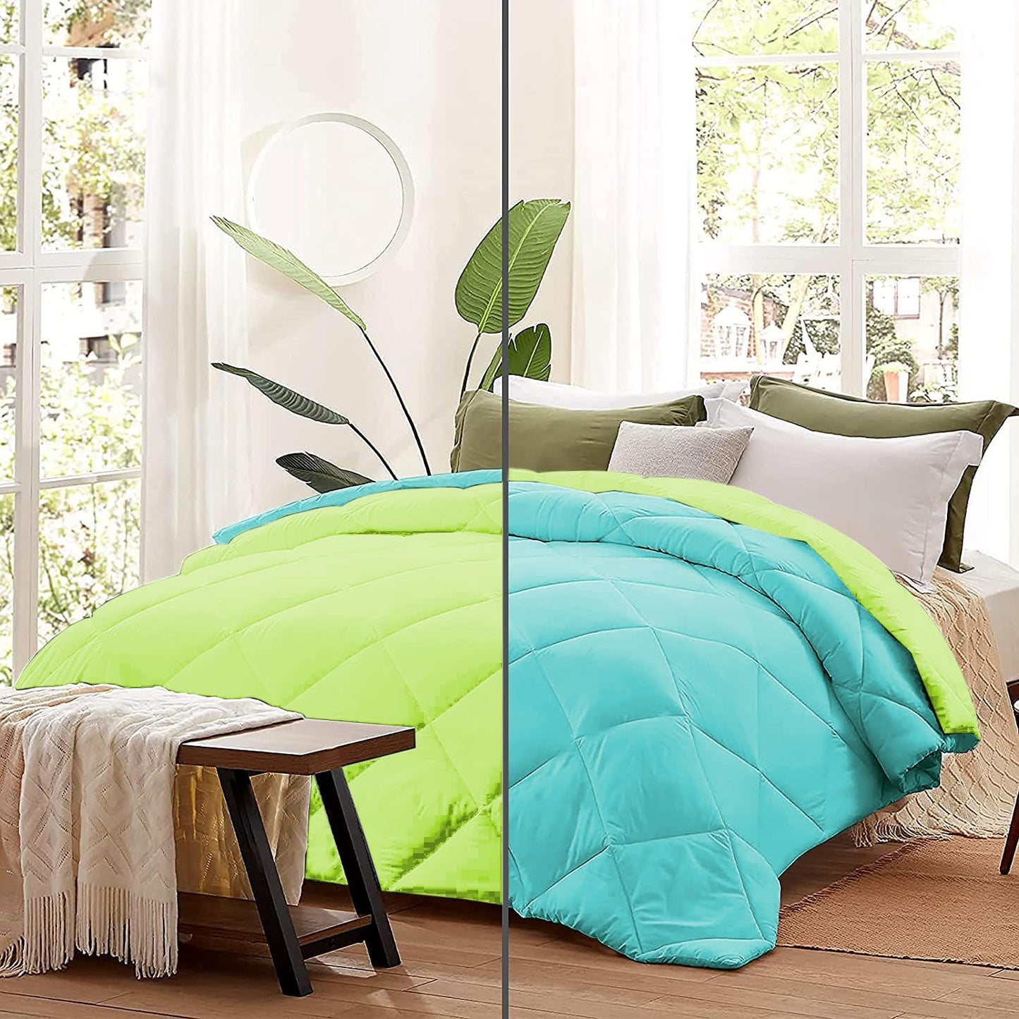 Microfiber Reversible All Seasons Quilt Blanket, AC Comforter for Double Bed, Turquoise & Lime Green