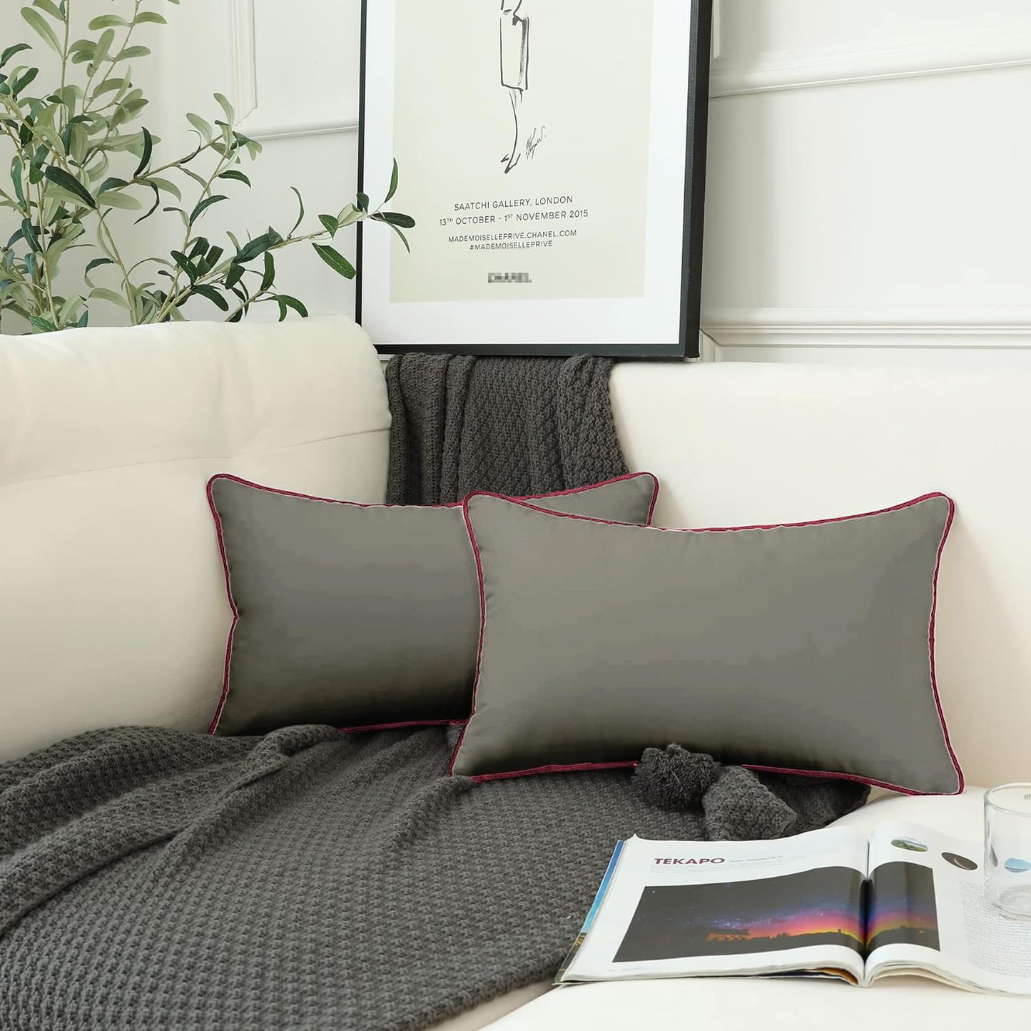 StylizShades Cotton Velvet Cushion Covers, Decorative Throw Pillow Cover for Living Room Couch/Sofa - Grey-Crimson Glory, Set of 2