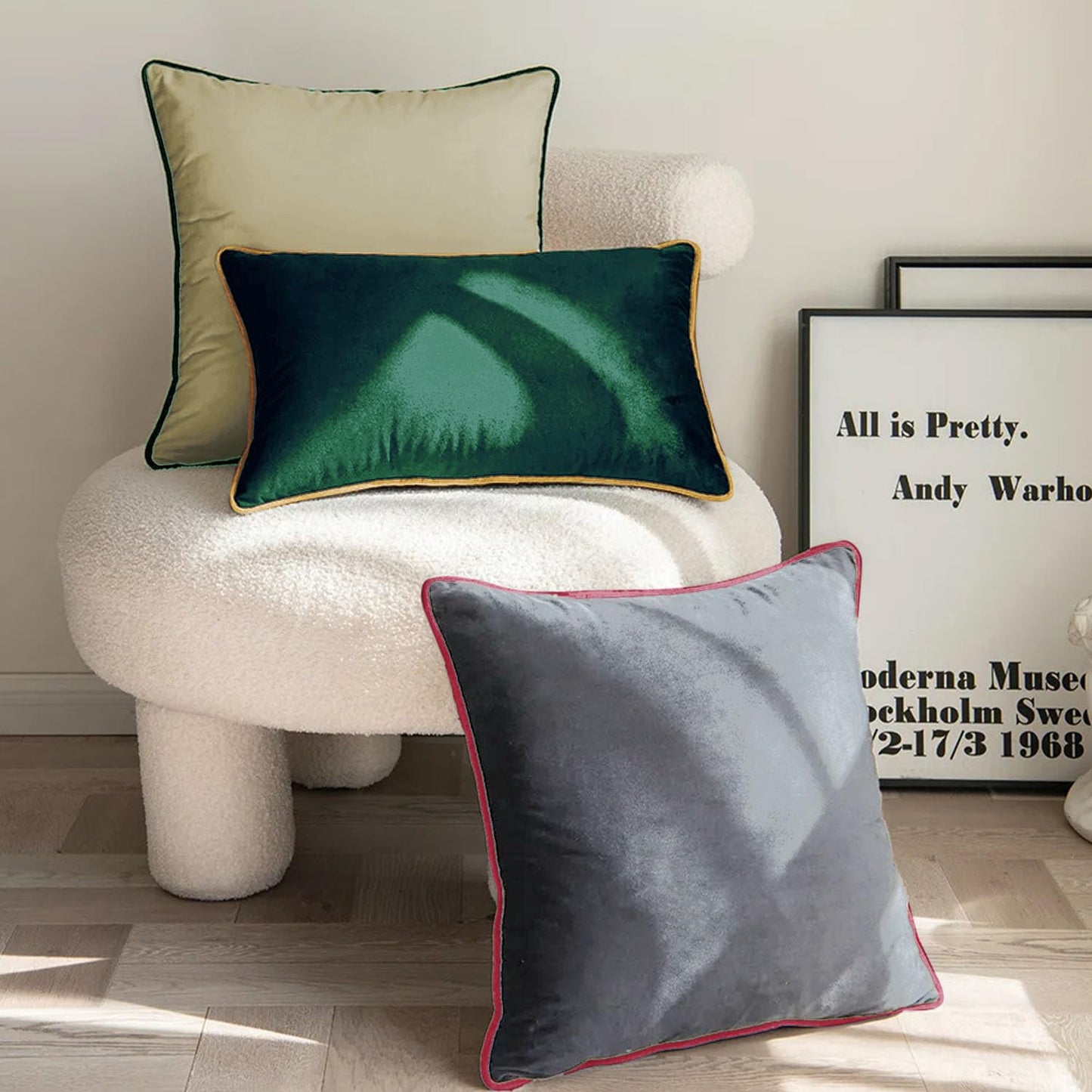 StylizShades Cotton Velvet Cushion Covers, Decorative Throw Pillow Cover for Living Room Couch/Sofa - Cream Crust-Forest Green