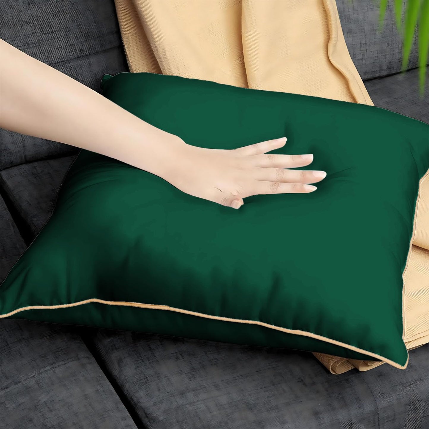 StylizShades Cotton Velvet Cushion Covers, Decorative Throw Pillow Cover for Living Room Couch/Sofa - Green-Yellow Set of 2