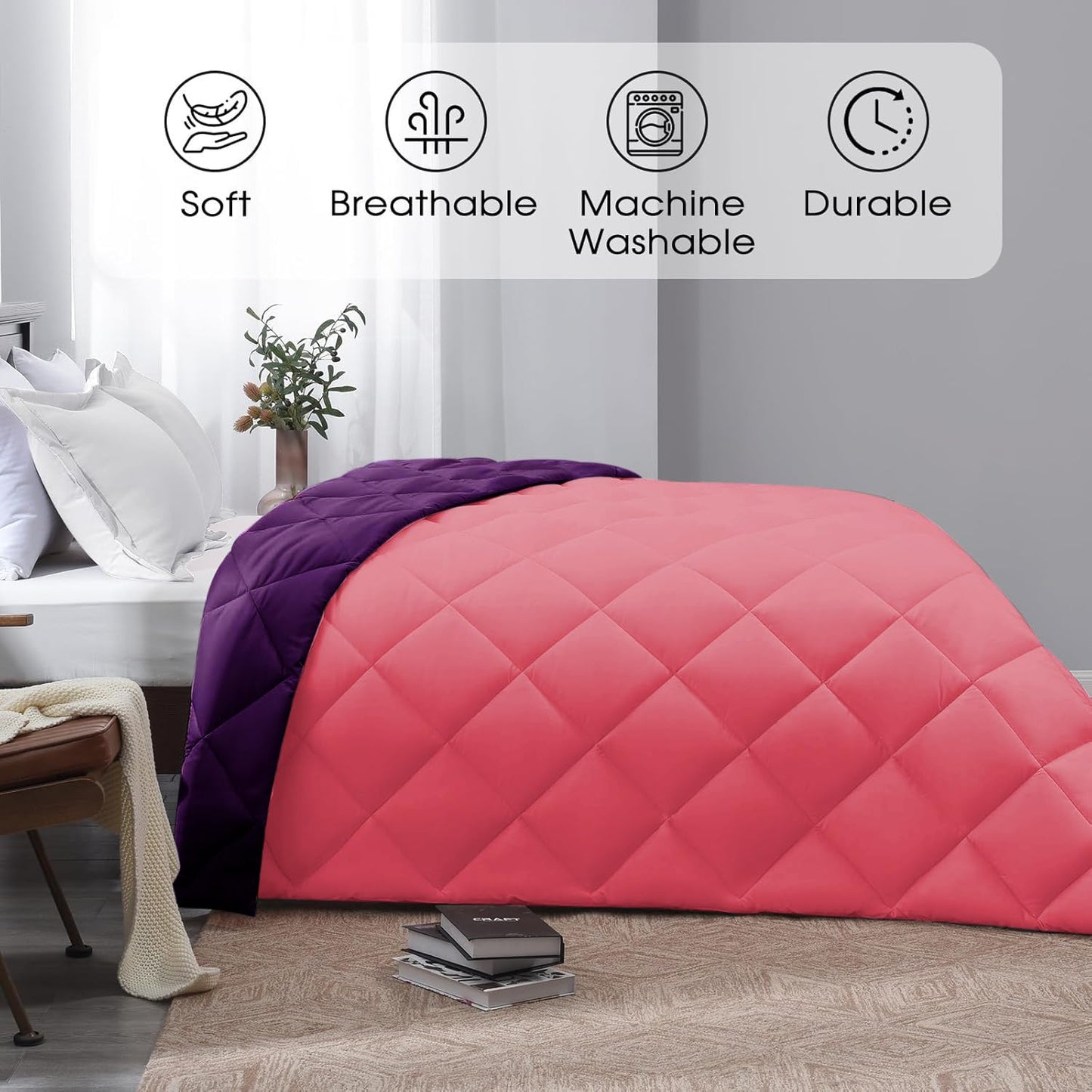 Microfiber Reversible All Seasons Quilt Blanket, AC Comforter for Double Bed, Strawberry Pink & Midnight Purple