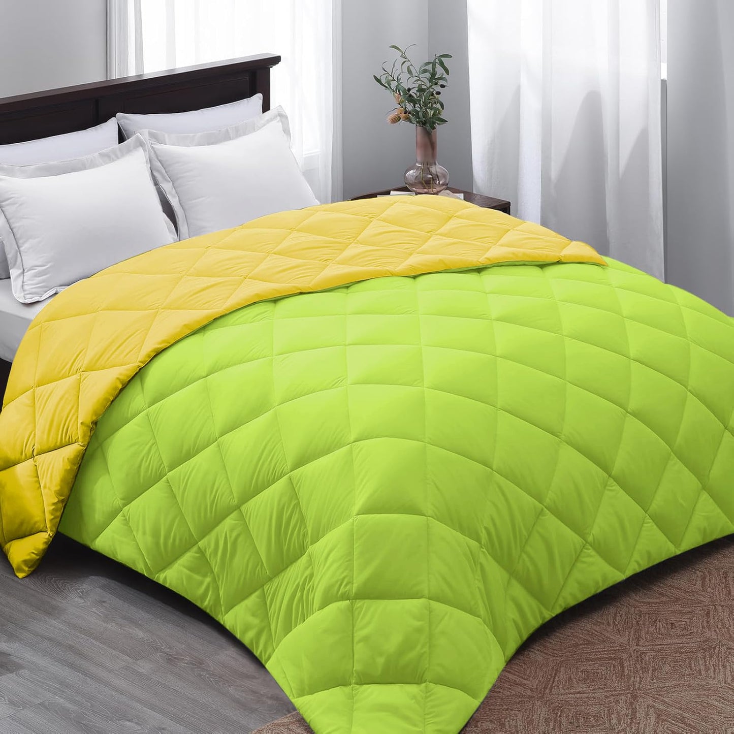 Microfiber Reversible All Seasons Quilt Blanket, AC Comforter for Double Bed, Lime Green & Yellow