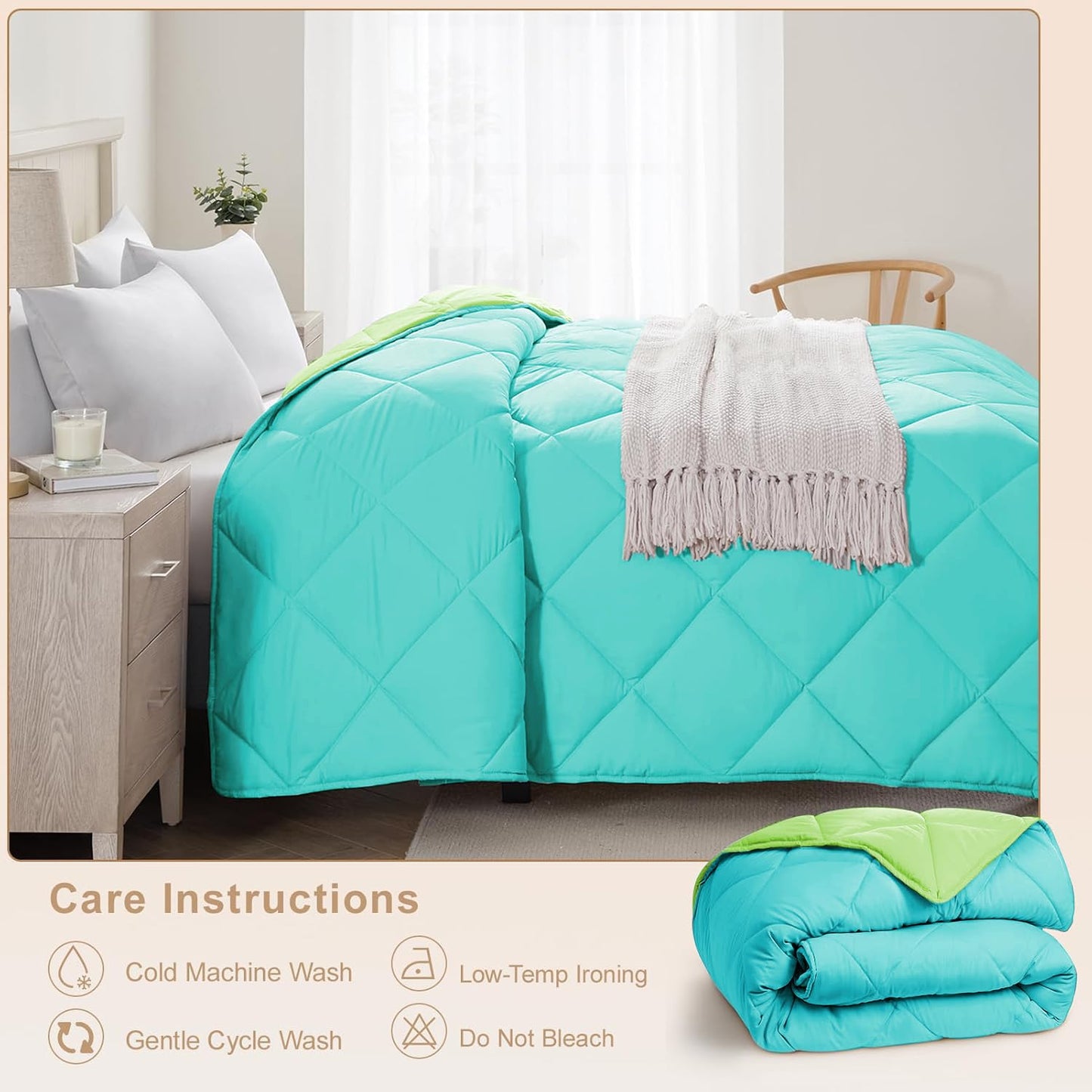 Microfiber Reversible All Seasons Quilt Blanket, AC Comforter for Double Bed, Turquoise & Lime Green