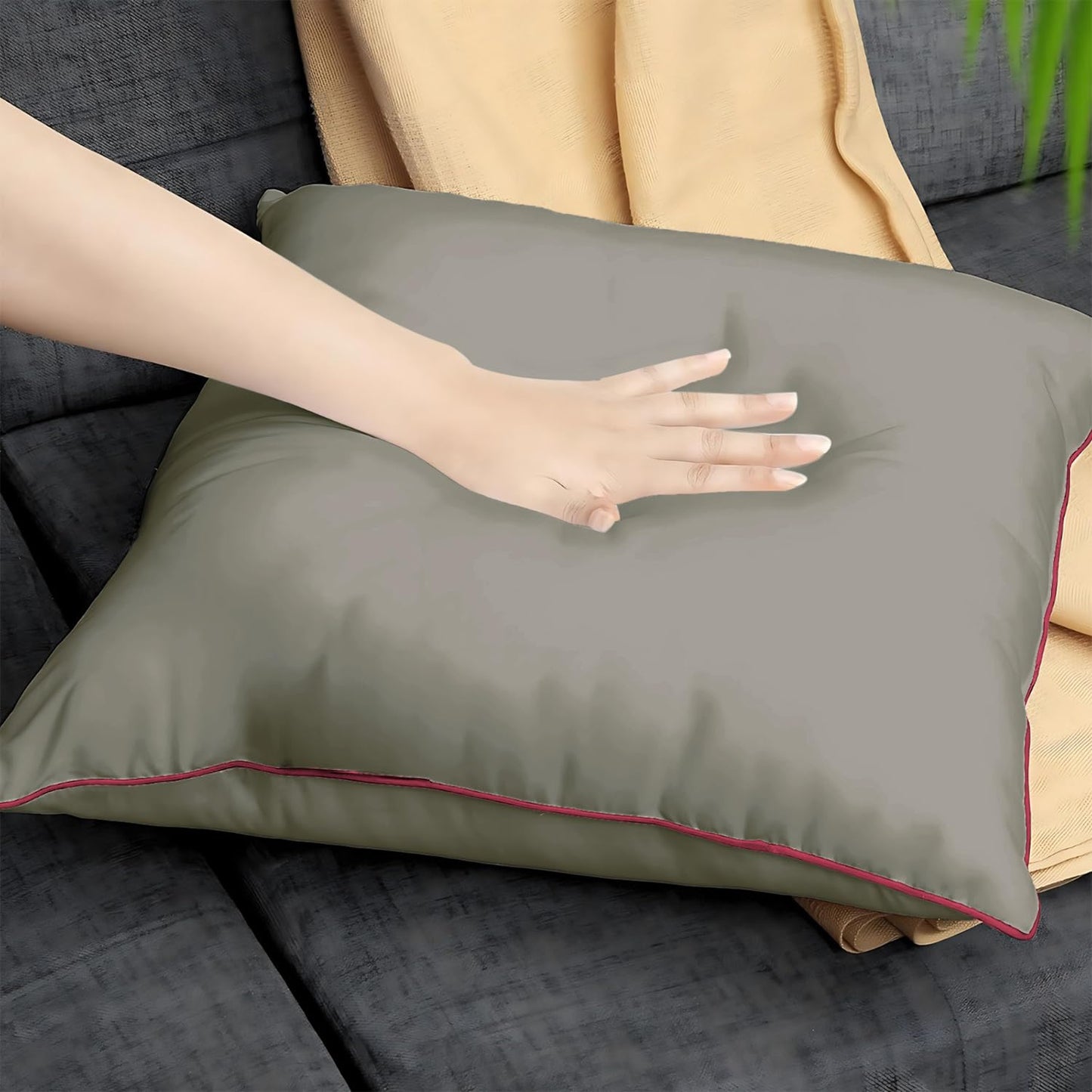 StylizShades Cotton Velvet Cushion Covers, Decorative Throw Pillow Cover for Living Room Couch/Sofa - Grey-Crimson Glory