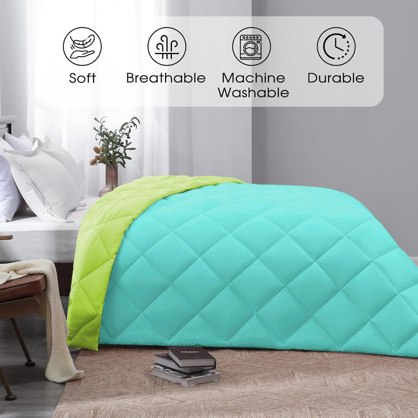 Microfiber Reversible All Seasons Quilt Blanket, AC Comforter for Double Bed, Turquoise & Lime Green