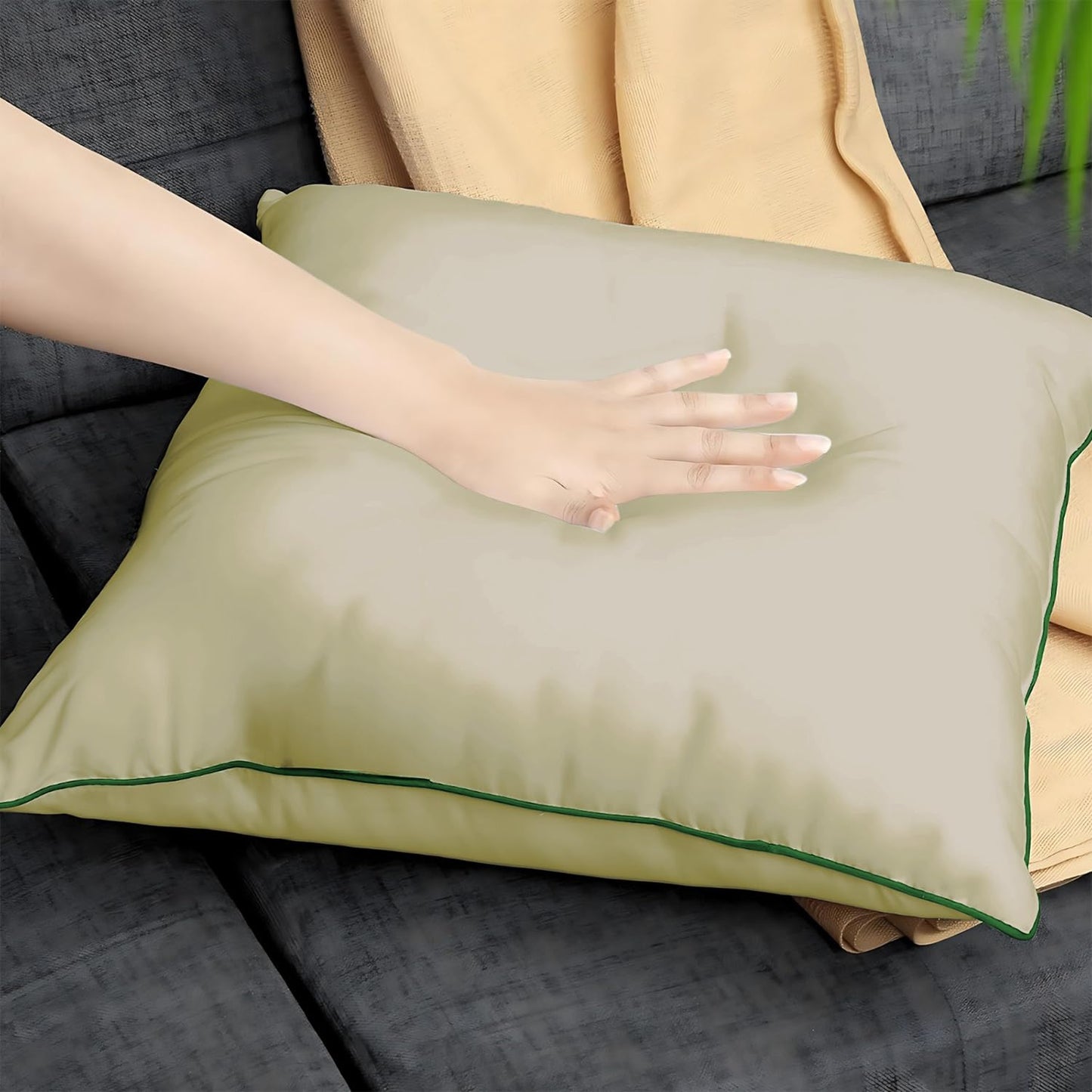 StylizShades Cotton Velvet Cushion Covers, Decorative Throw Pillow Cover for Living Room Couch/Sofa - Cream Crust-Forest Green