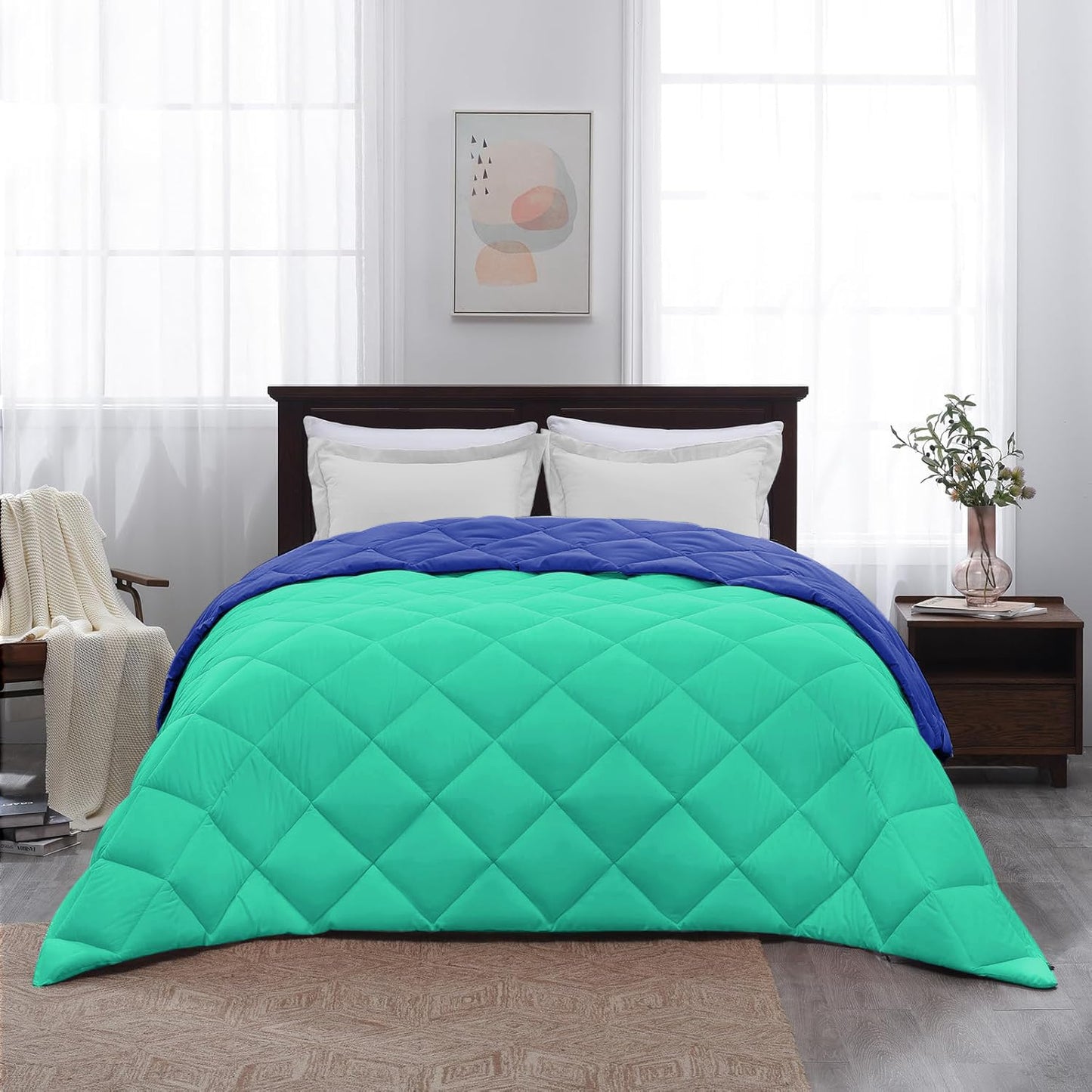 Microfiber Reversible All Seasons Quilt Blanket, AC Comforter for Double Bed, Sea Green & Sapphire Blue