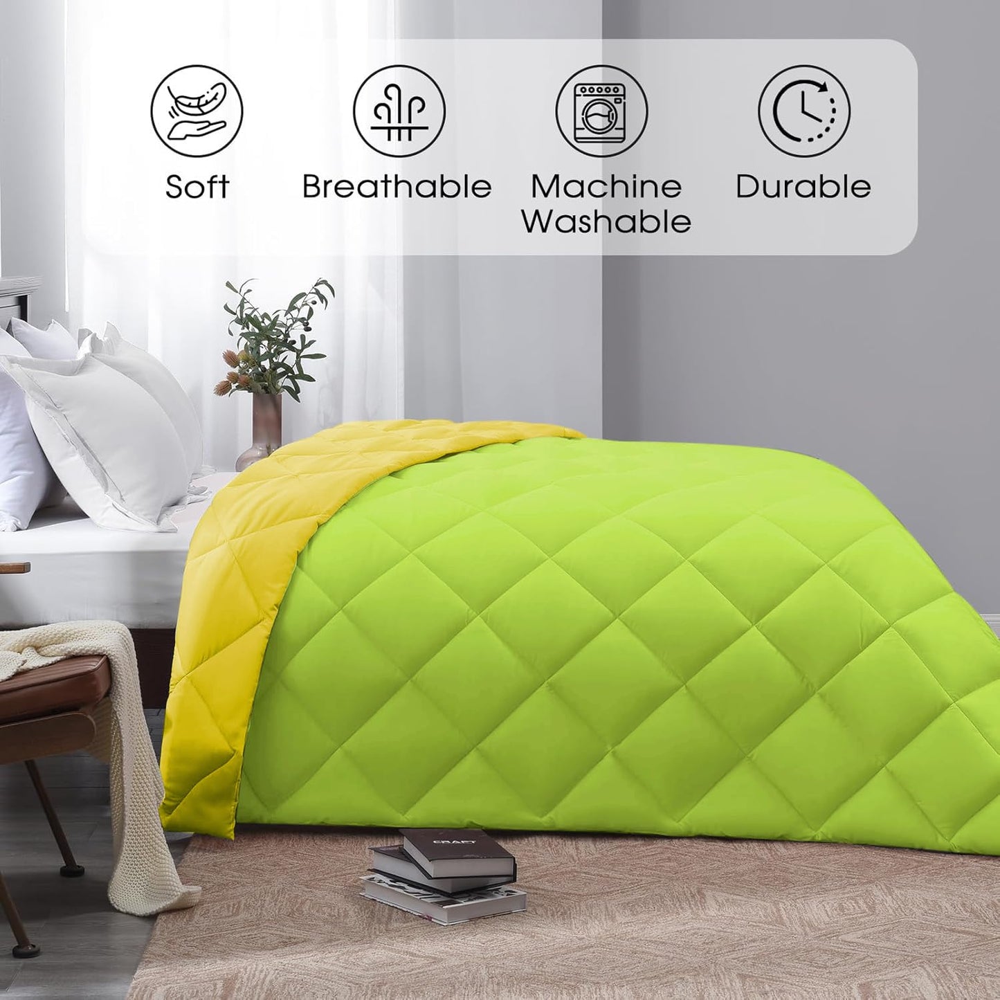 Microfiber Reversible All Seasons Quilt Blanket, AC Comforter for Double Bed, Lime Green & Yellow