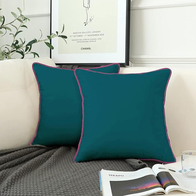StylizShades Cotton Velvet Cushion Covers, Decorative Throw Pillow Cover for Living Room Couch/Sofa - Teal-Pink Set of 2