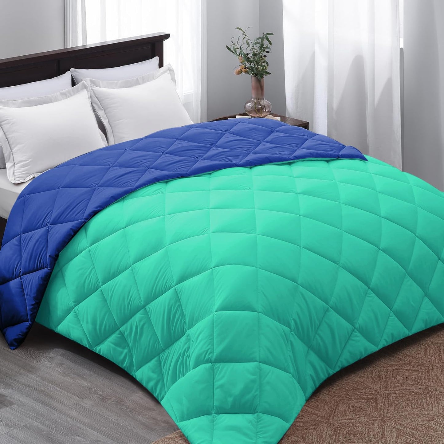 Microfiber Reversible All Seasons Quilt Blanket, AC Comforter for Double Bed, Sea Green & Sapphire Blue