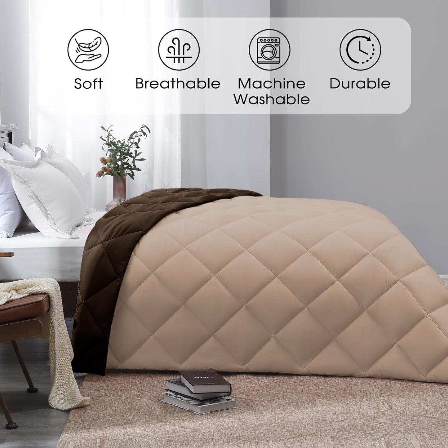 Microfiber Reversible All Seasons Quilt Blanket, AC Comforter for Double Bed, Dessert Brown & Chocolate Brown