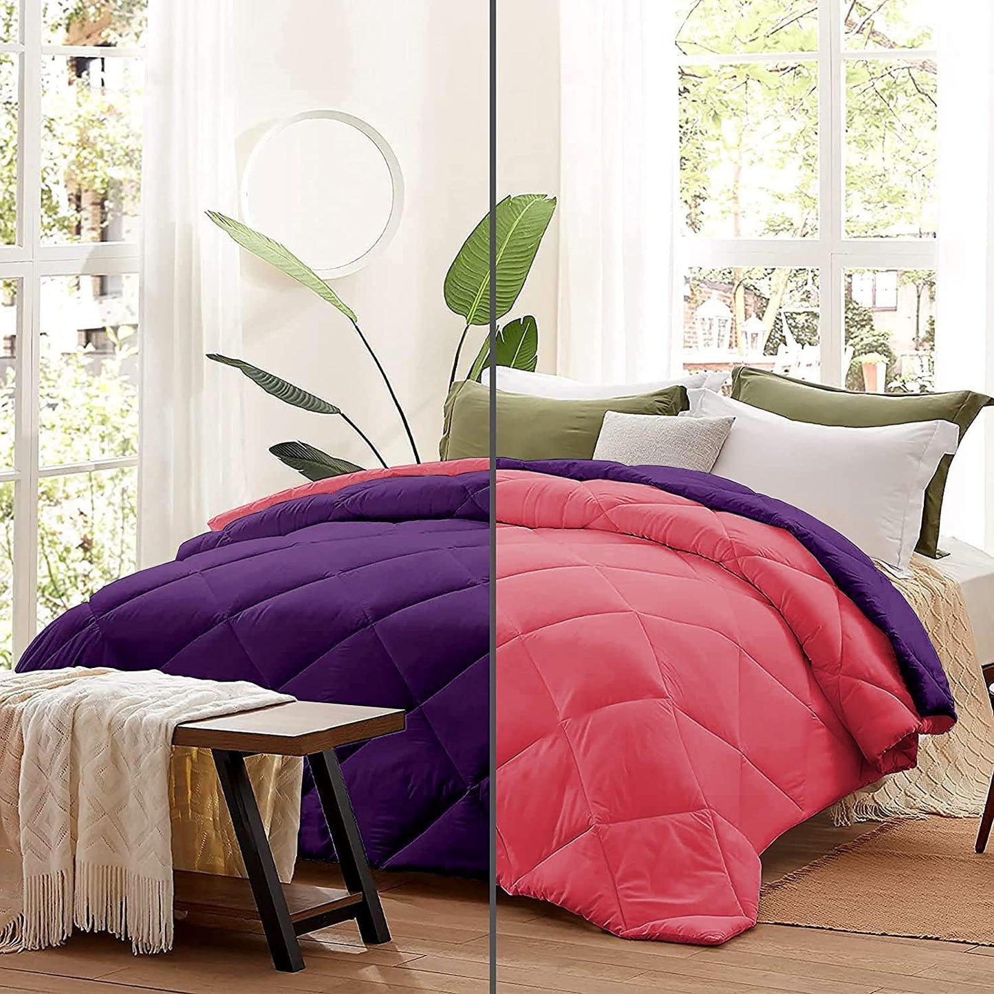 Microfiber Reversible All Seasons Quilt Blanket, AC Comforter for Double Bed, Strawberry Pink & Midnight Purple