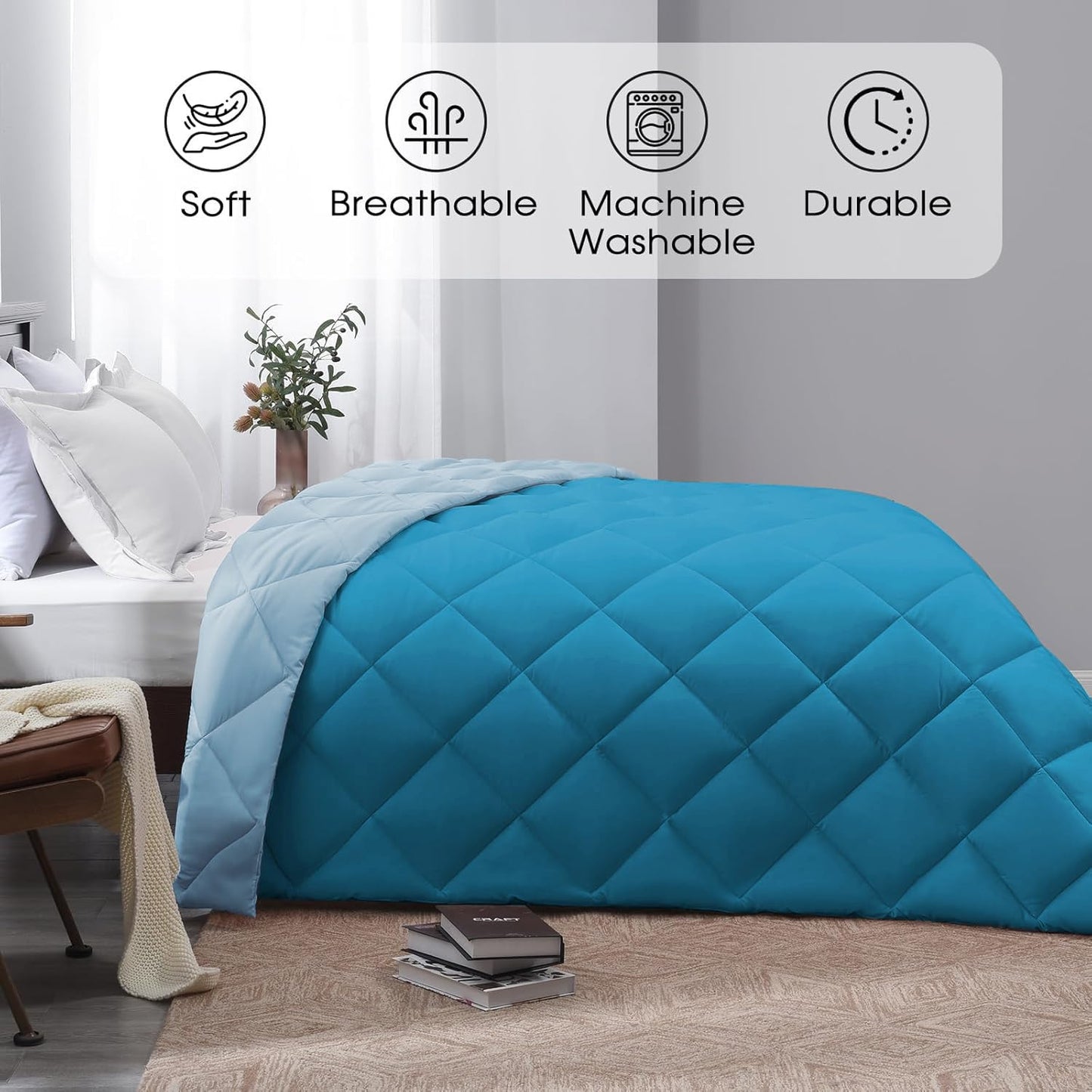 Microfiber Reversible All Seasons Quilt Blanket, AC Comforter for Double Bed, Ocean Blue & Powder Blue