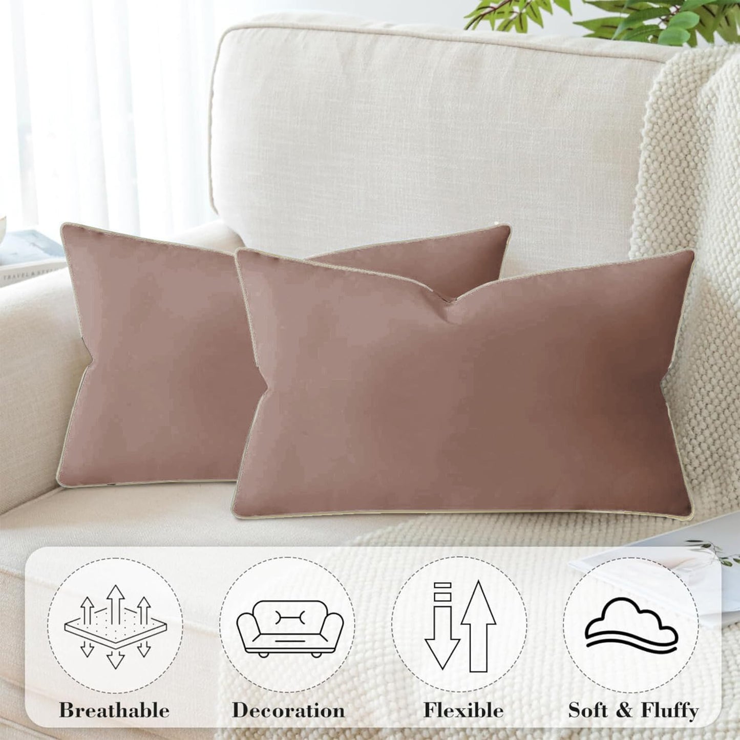 StylizShades Cotton Velvet Cushion Covers, Decorative Throw Pillow Cover for Living Room Couch/Sofa - Rose Gold-Cream Crust, Set Of 2