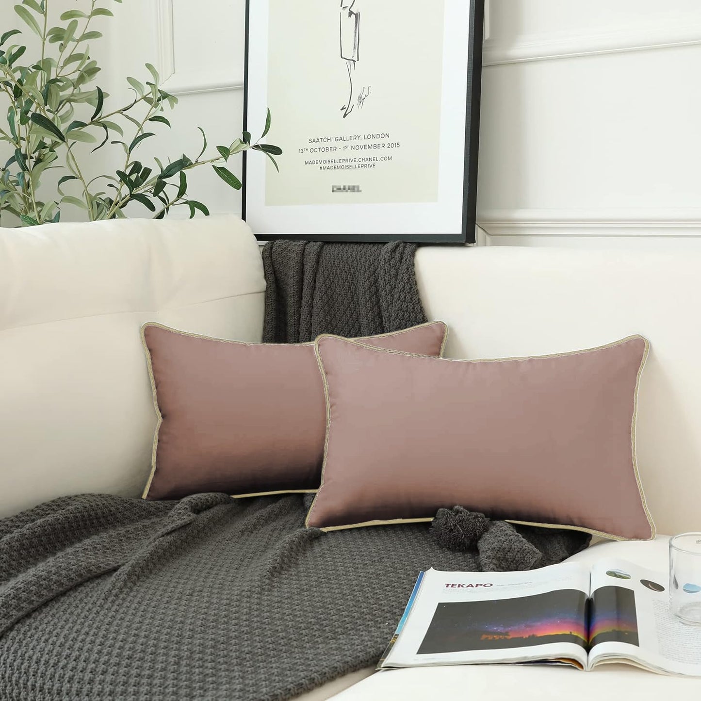 StylizShades Cotton Velvet Cushion Covers, Decorative Throw Pillow Cover for Living Room Couch/Sofa - Rose Gold-Cream Crust, Set Of 2