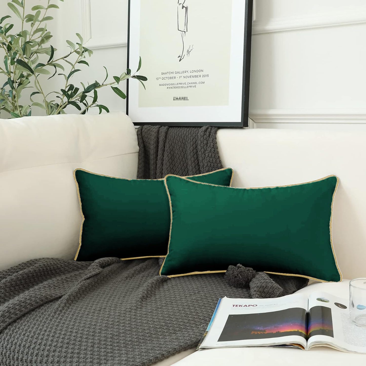StylizShades Cotton Velvet Cushion Covers, Decorative Throw Pillow Cover for Living Room Couch/Sofa - Green-Yellow Set of 2