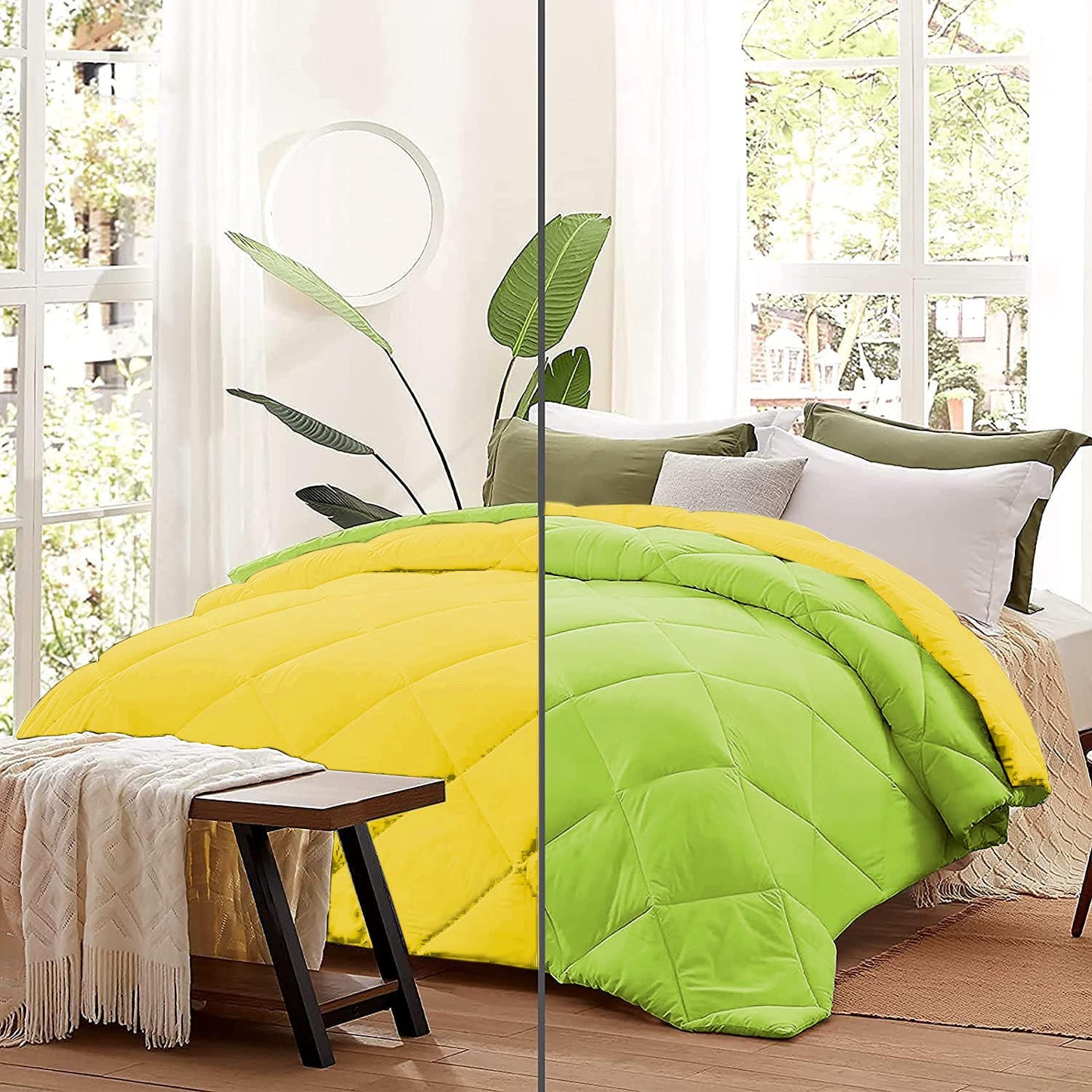 Microfiber Reversible All Seasons Quilt Blanket, AC Comforter for Double Bed, Lime Green & Yellow