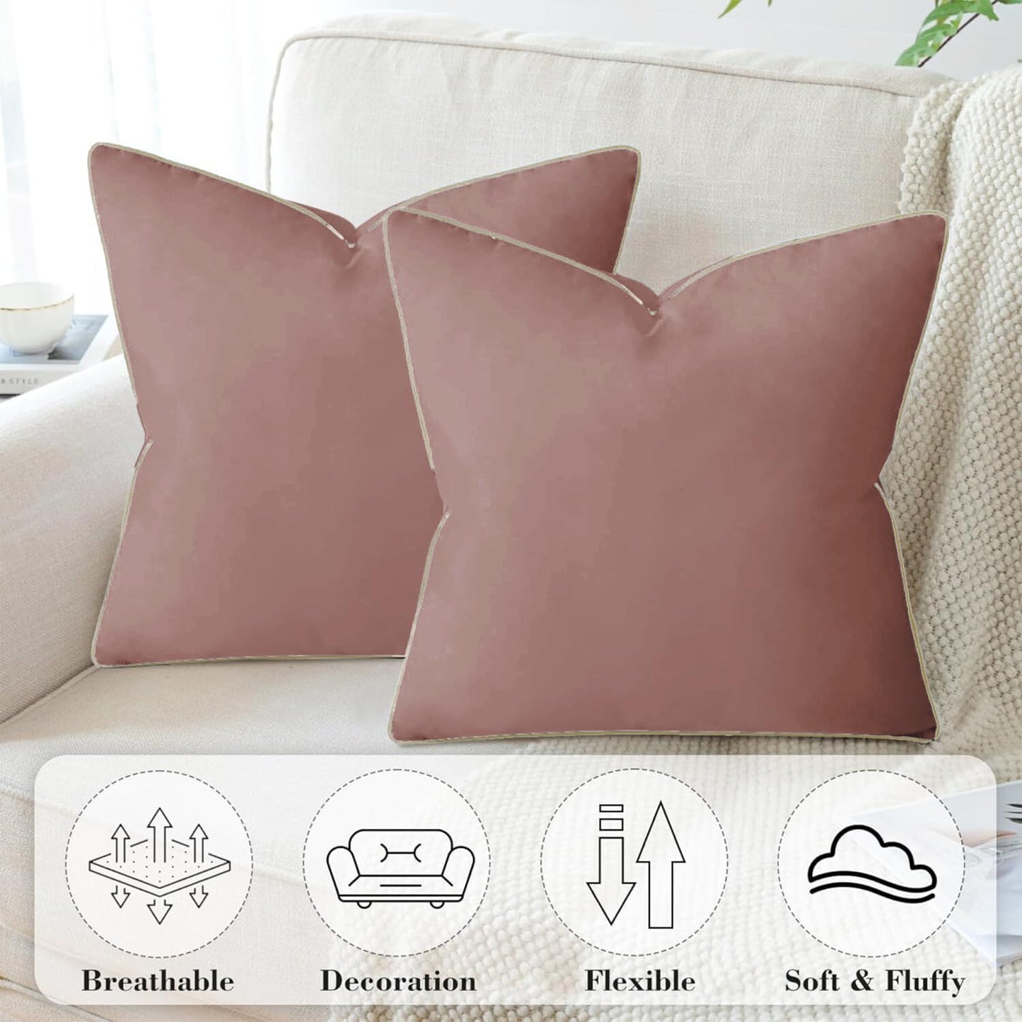 StylizShades Cotton Velvet Cushion Covers, Decorative Throw Pillow Cover for Living Room Couch/Sofa - Rose Gold-Cream Crust, Set Of 2