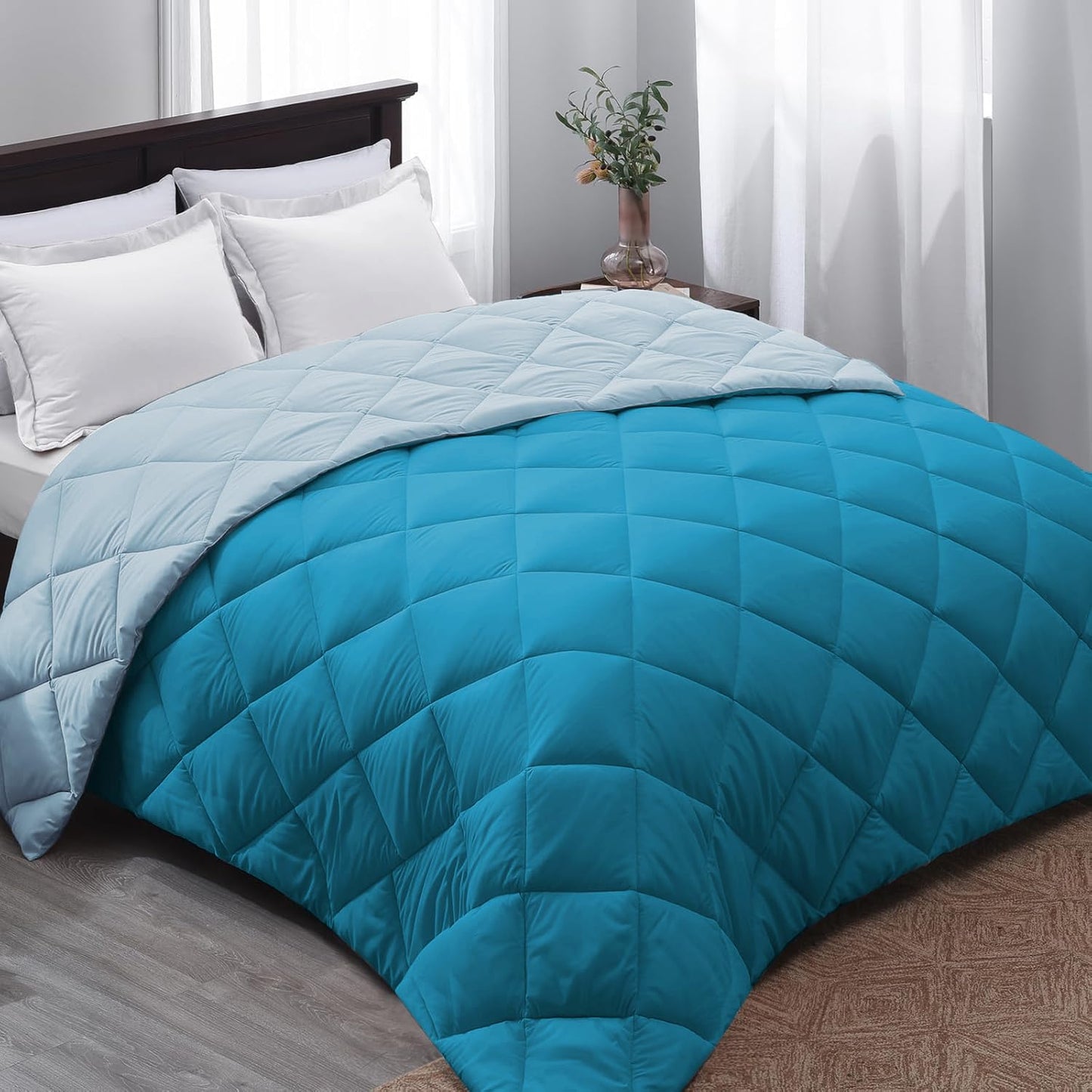 Microfiber Reversible All Seasons Quilt Blanket, AC Comforter for Double Bed, Ocean Blue & Powder Blue
