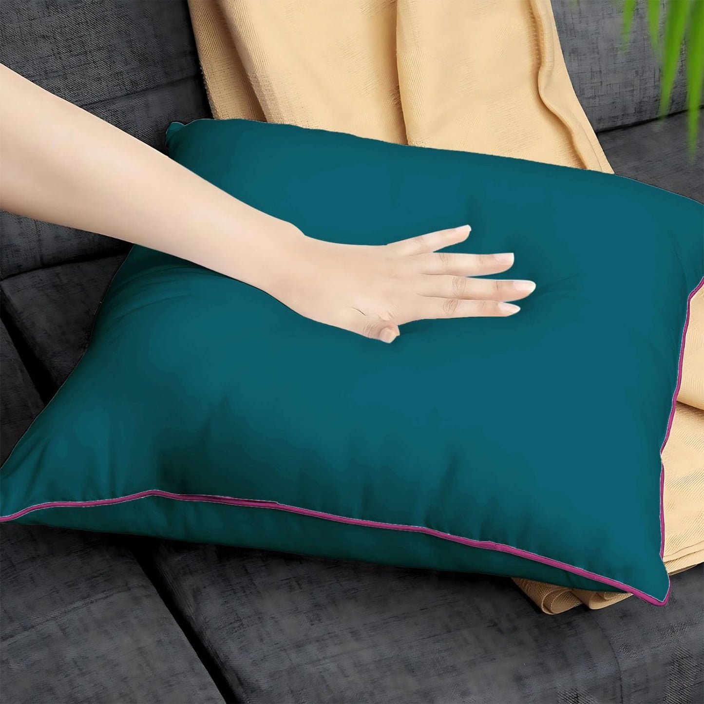 StylizShades Cotton Velvet Cushion Covers, Decorative Throw Pillow Cover for Living Room Couch/Sofa - Teal-Pink Set of 2