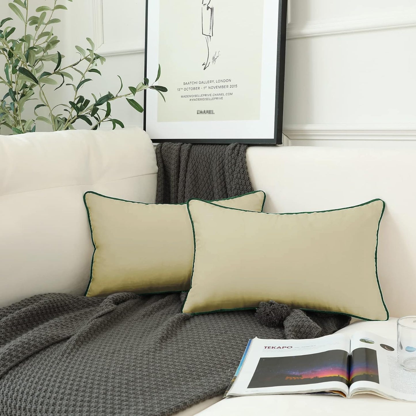 StylizShades Cotton Velvet Cushion Covers, Decorative Throw Pillow Cover for Living Room Couch/Sofa - Cream Crust-Forest Green Set of 2