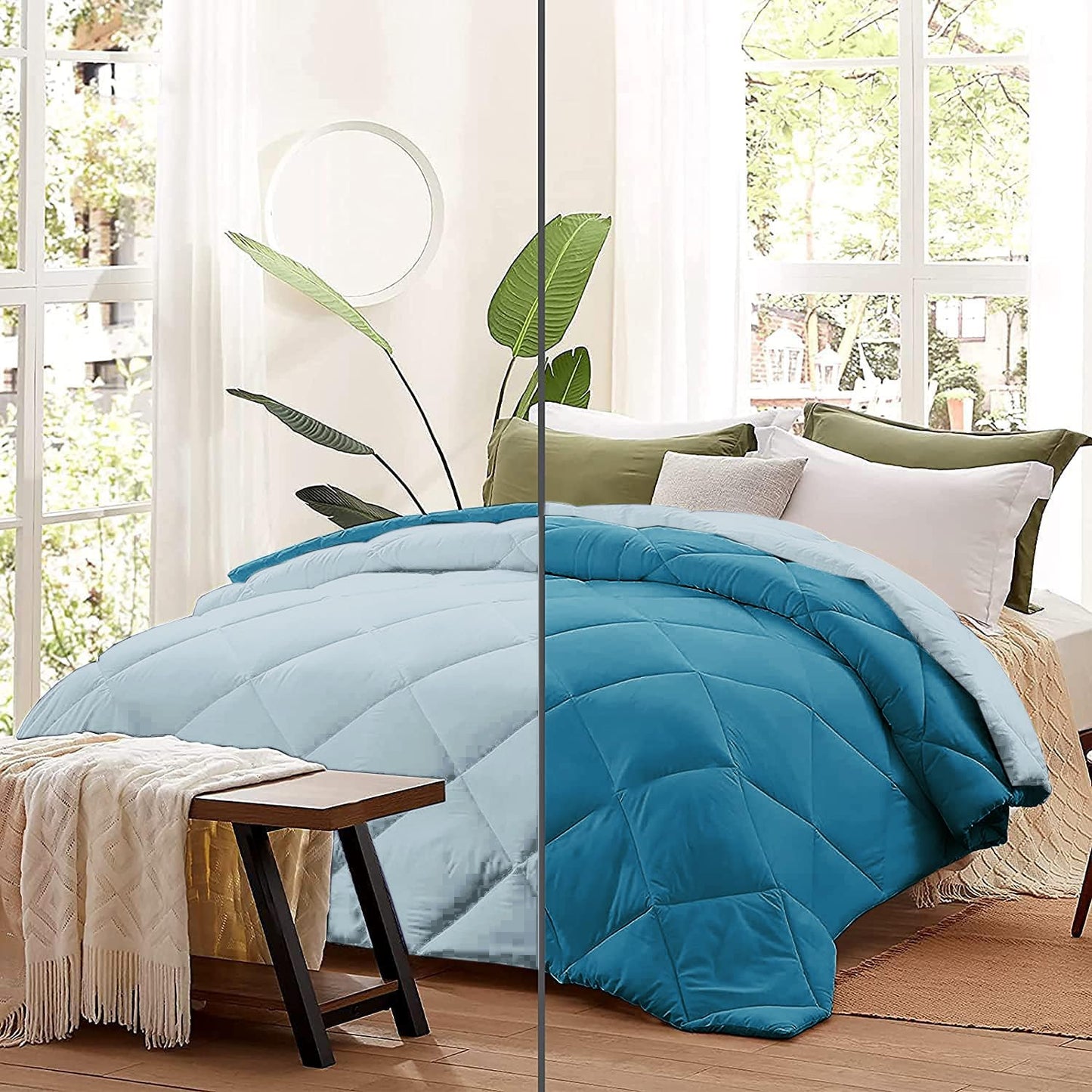 Microfiber Reversible All Seasons Quilt Blanket, AC Comforter for Double Bed, Ocean Blue & Powder Blue