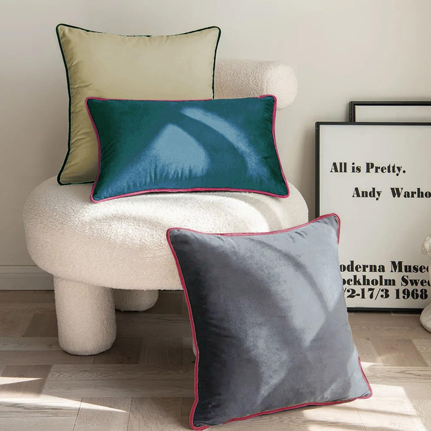 StylizShades Cotton Velvet Cushion Covers, Decorative Throw Pillow Cover for Living Room Couch/Sofa - Teal-Pink Set of 2