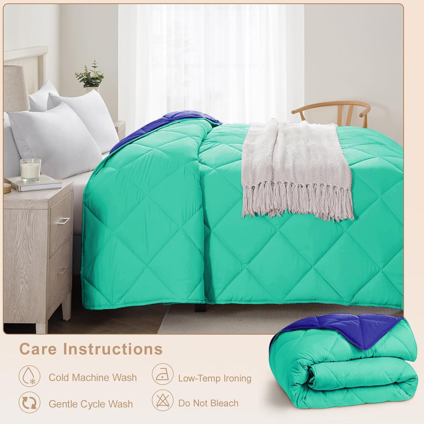 Microfiber Reversible All Seasons Quilt Blanket, AC Comforter for Double Bed, Sea Green & Sapphire Blue