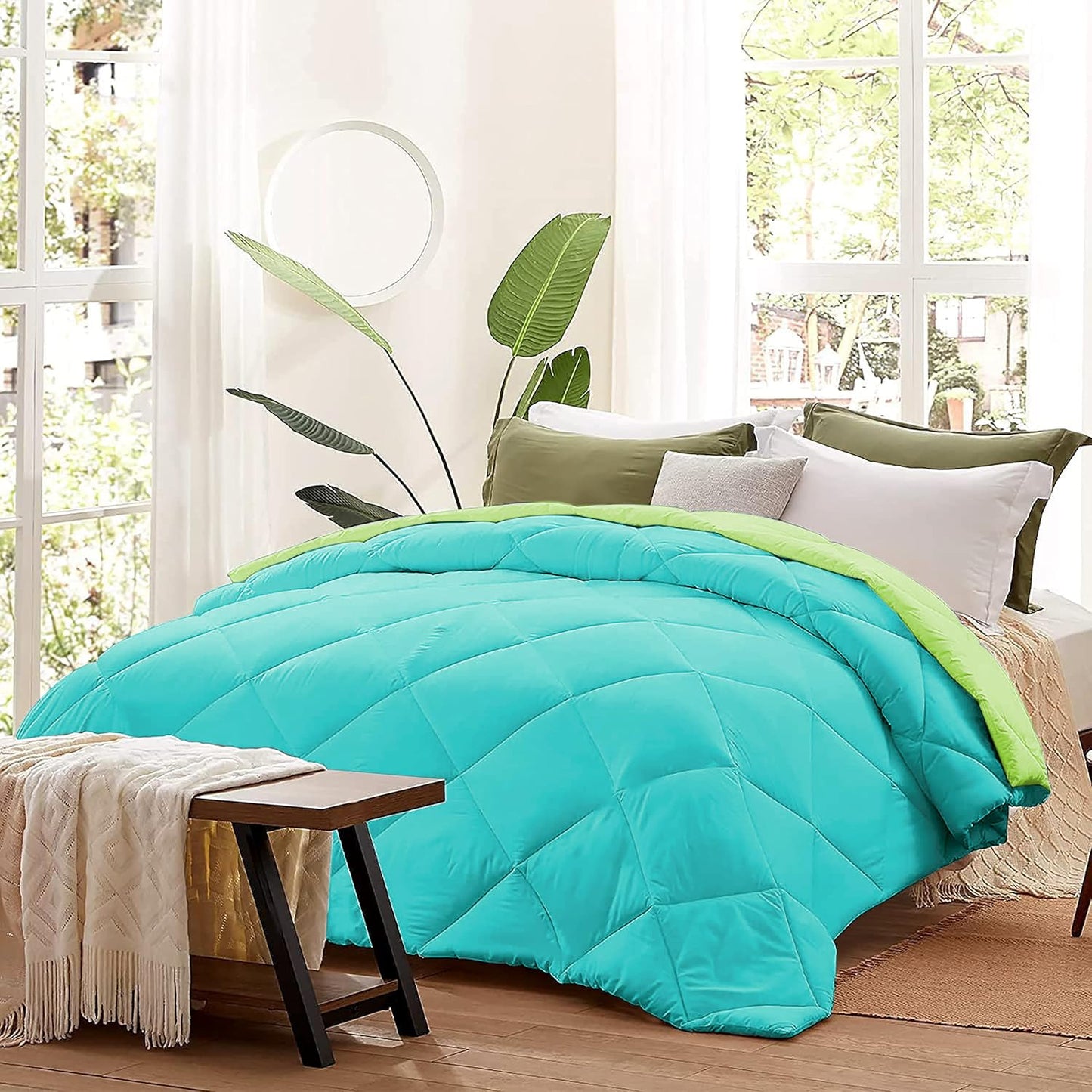 Microfiber Reversible All Seasons Quilt Blanket, AC Comforter for Double Bed, Turquoise & Lime Green