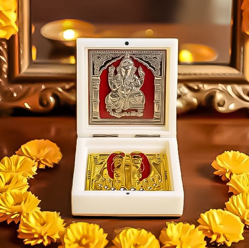 Premium Lord Ganesha Blessing Box with Golden Charan Paduka