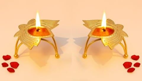 Golden Metal Diya for Puja Decoration – Lotus Shape Deepak for Diwali, Home Temple, Festive Lighting – Traditional Brass Finish Oil Lamp, Set of 2
