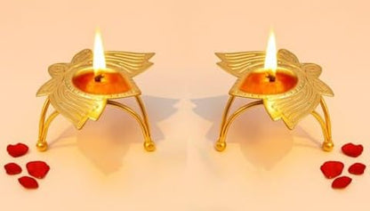 Golden Metal Diya for Puja Decoration – Lotus Shape Deepak for Diwali, Home Temple, Festive Lighting – Traditional Brass Finish Oil Lamp, Set of 2