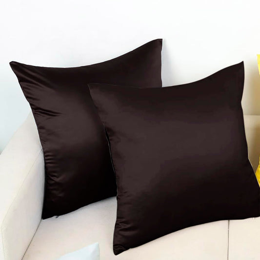 Premium Satin Silk Cushion Cover, Shiny & Soft Decorative Pillowcase for Bedroom & Living Room - Chocolate Brown Set Of 2