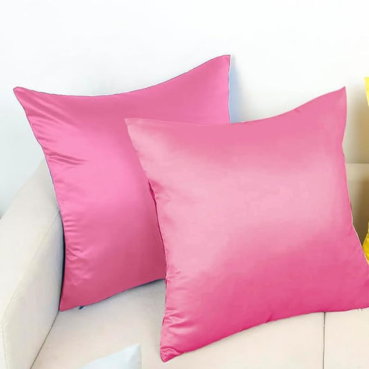 Premium Satin Silk Cushion Cover, Shiny & Soft Decorative Pillowcase for Bedroom & Living Room - Rose Pink Set of 2